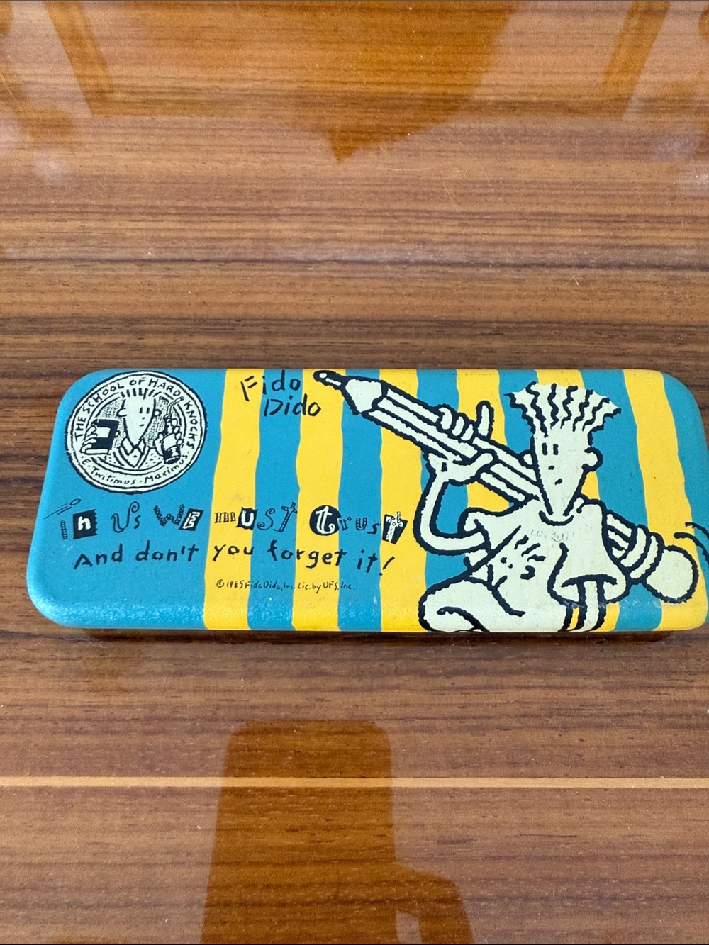 FIDO DIDO VINTAGE 90s Blue & Yellow Striped Pencil Case - PENCIL CASE TIN
